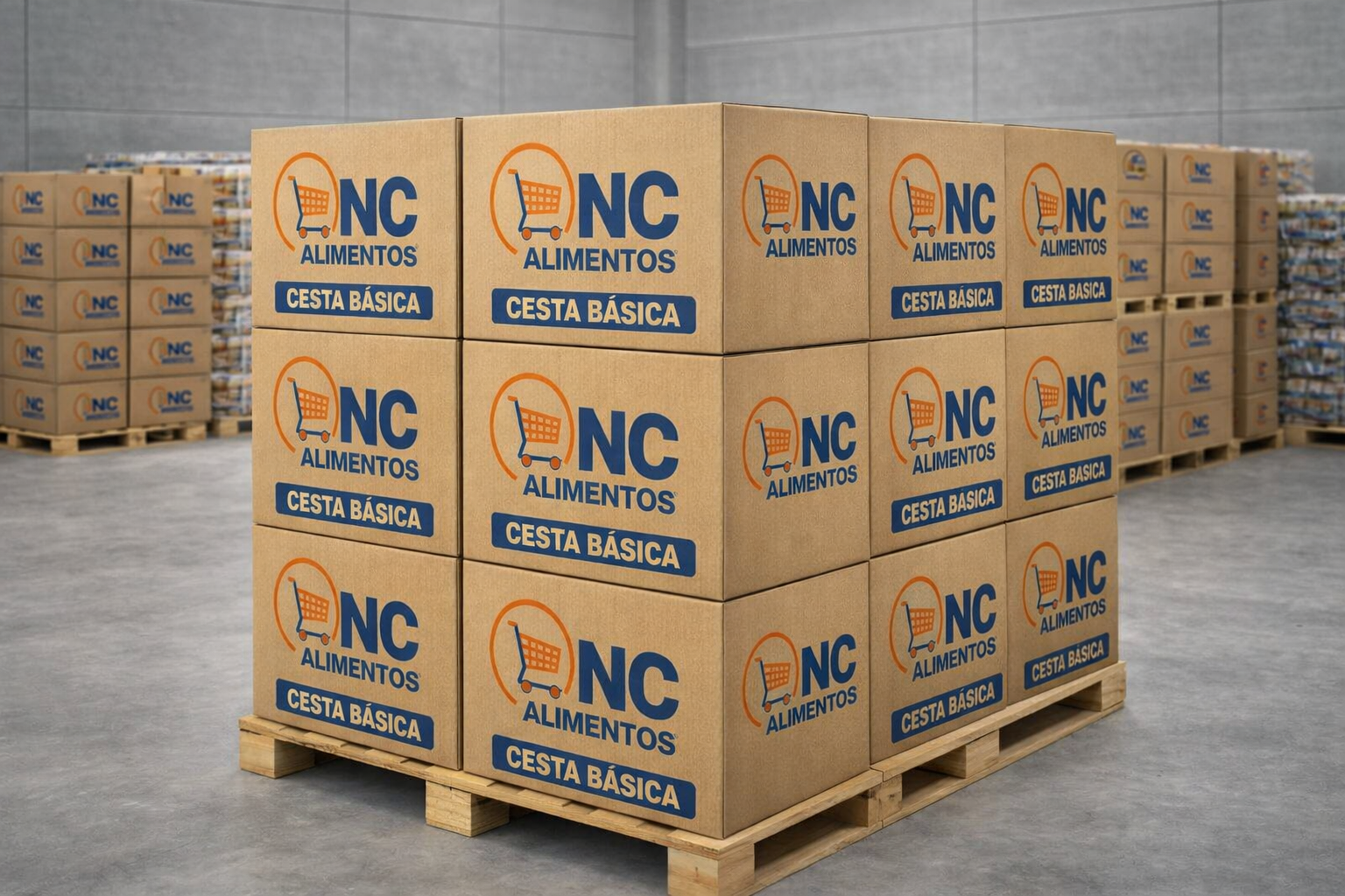 Logística NC Alimentos - Cestas em Paletes Prontas para Entrega